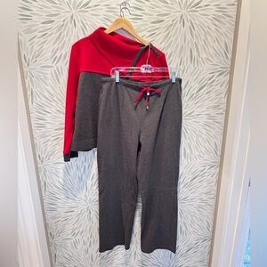 Crazy Horse Women's Gray & Red Knit Lounge Set Long Sleeve Shirt Pants M/L